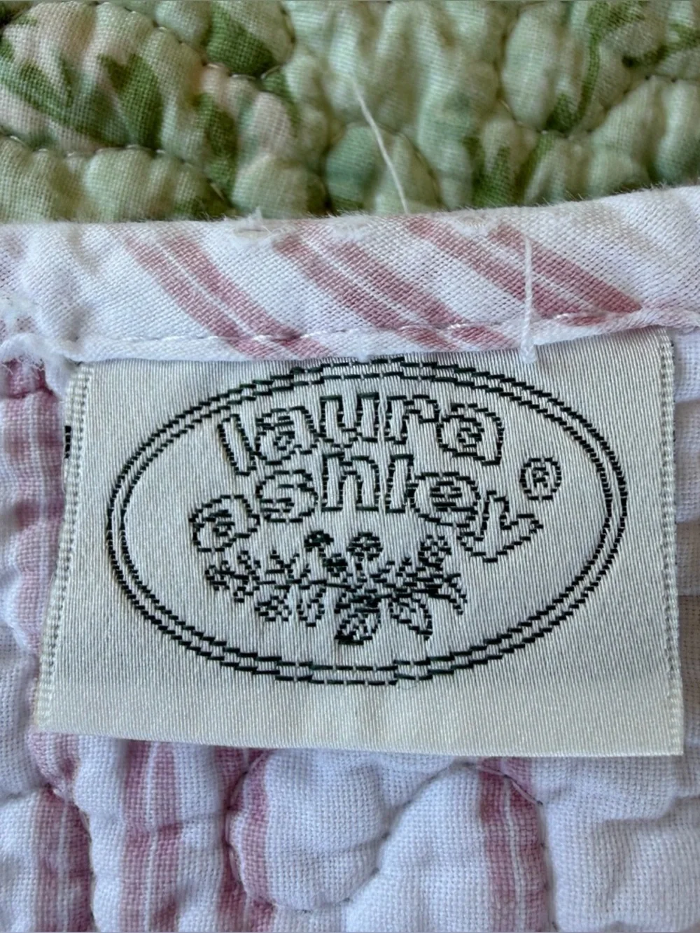 VTG Laura Ashley Reversible Floral Quilt Green Pink Roses Stripes 84x86 FLAWS